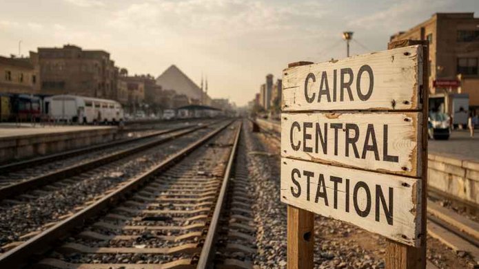 Tory kolejowe oraz tabliczka "Cairo central station"